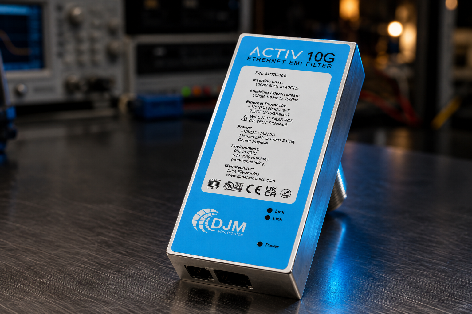 DJM ACTIV 10G EMI filter at an EMC test laboratory