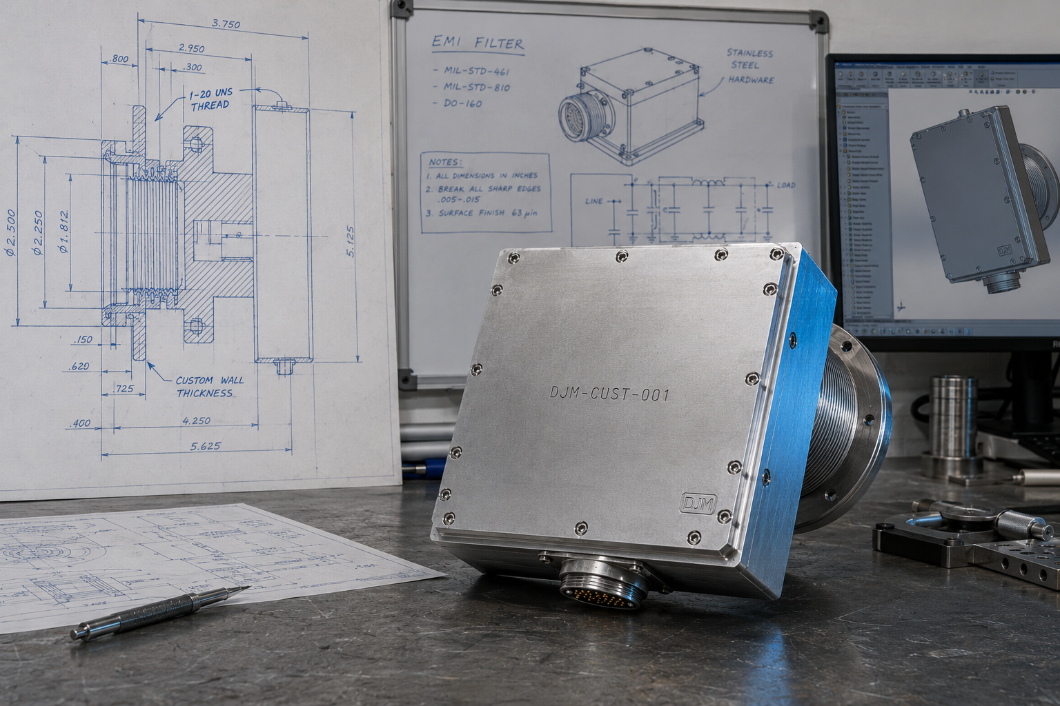 Custom DJM Electronics EMI filter housing with military circular connector, threaded shield wall penetration, and engineering drawings in background